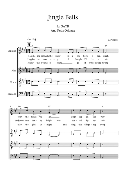 Jingle Bells (F major - SATB - with chords - no piano - four staff) image number null