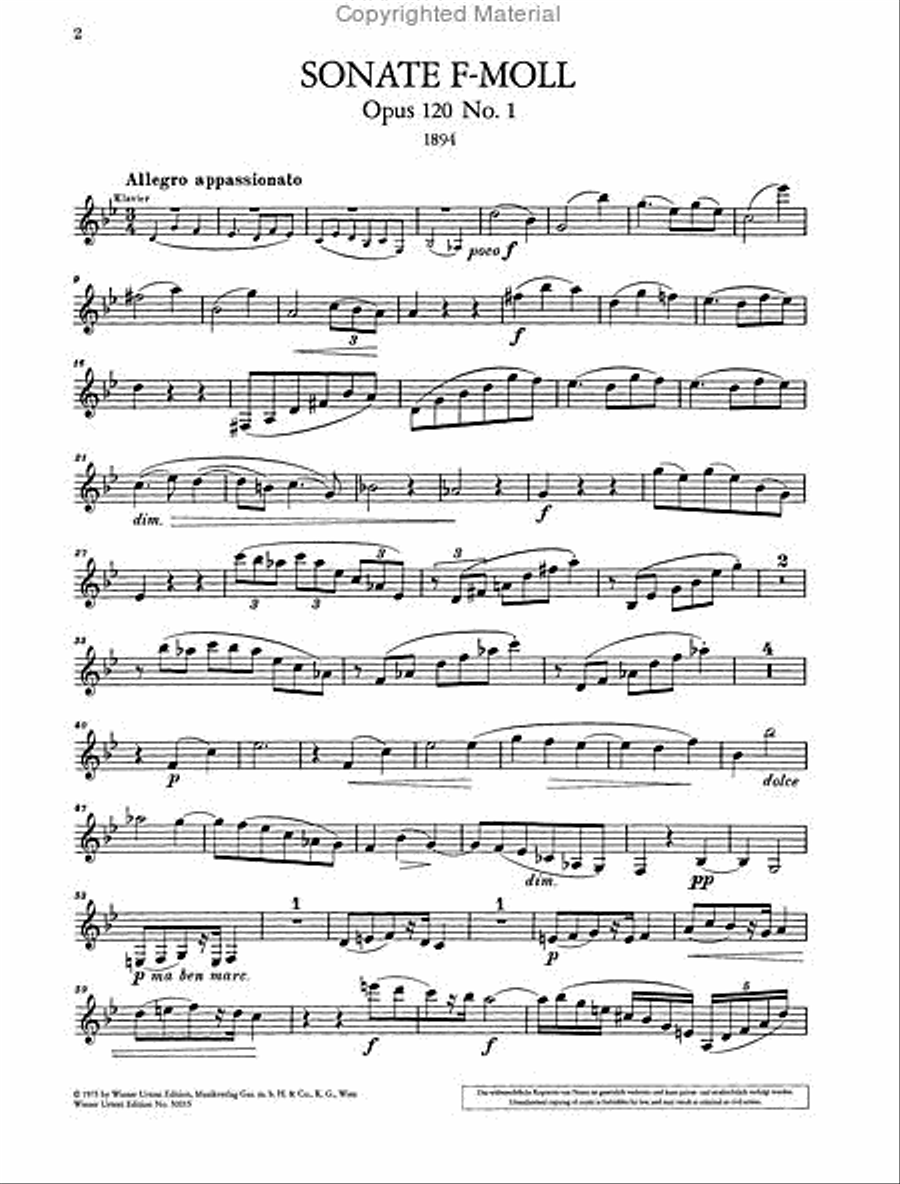 Sonata for Clarinet (or Viola) and piano, F minor, Op. 120, No. 1 Chamber Music scores gallery preview page 3