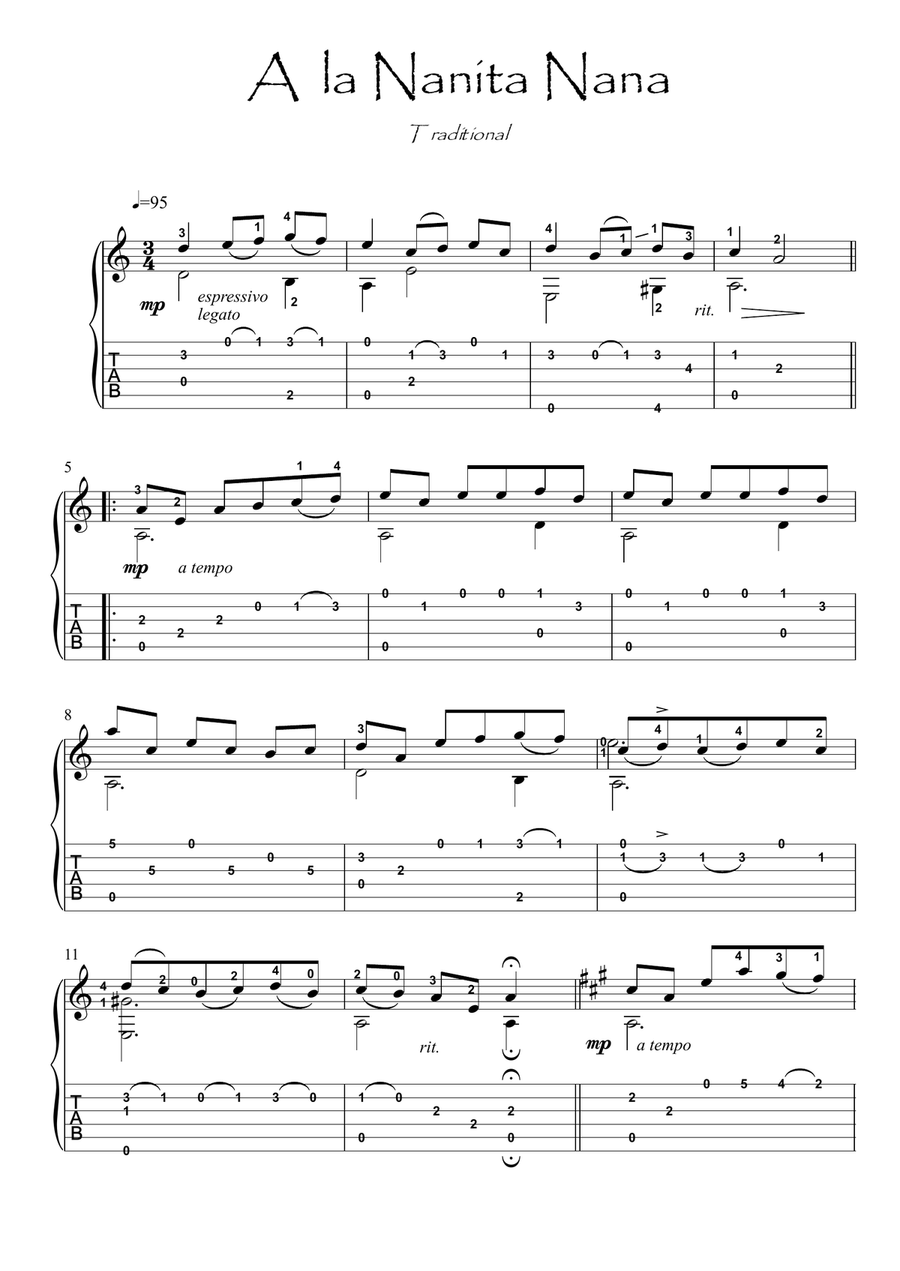A la Nanita Nana guitar fingesrtyle Acoustic Guitar scores gallery preview page 1