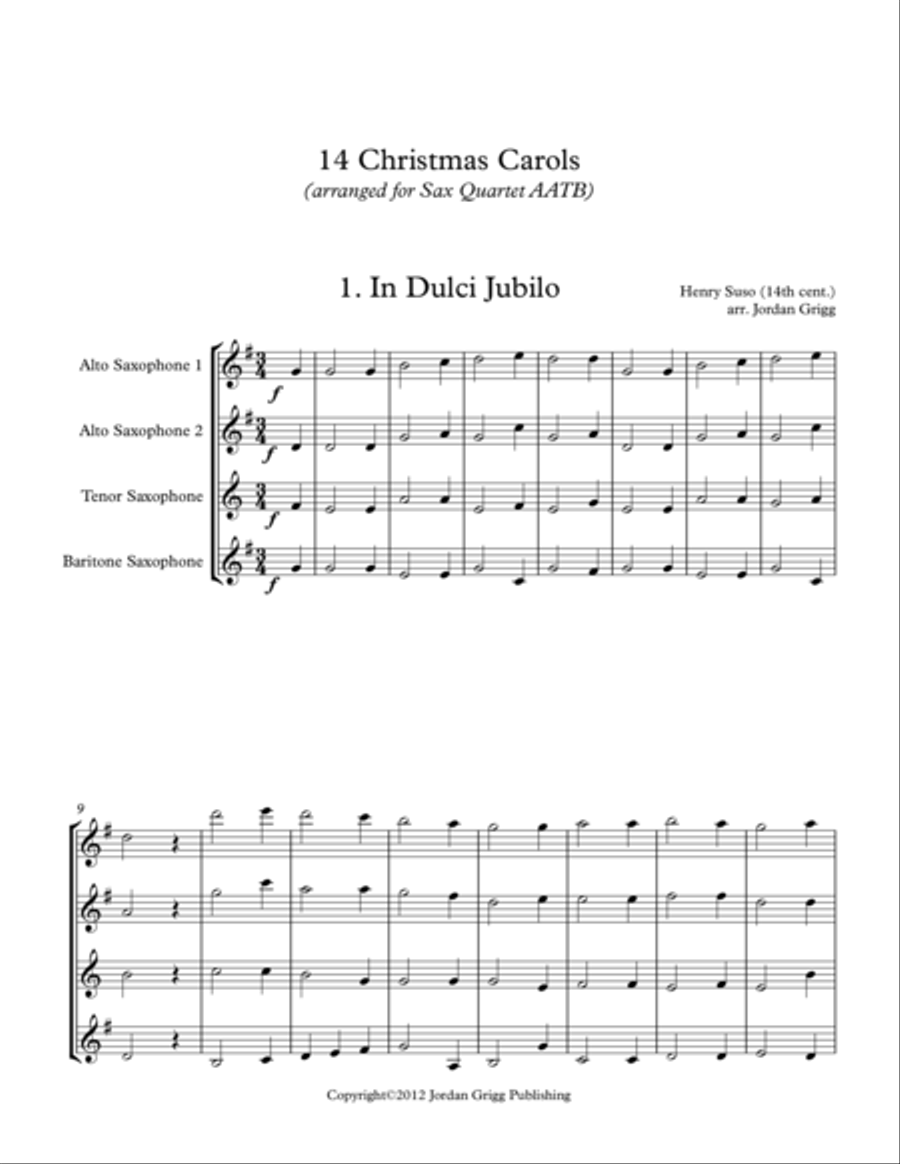 14 Christmas Carols (arranged for Sax Quartet AATB) Saxophone Solo scores gallery preview page 1
