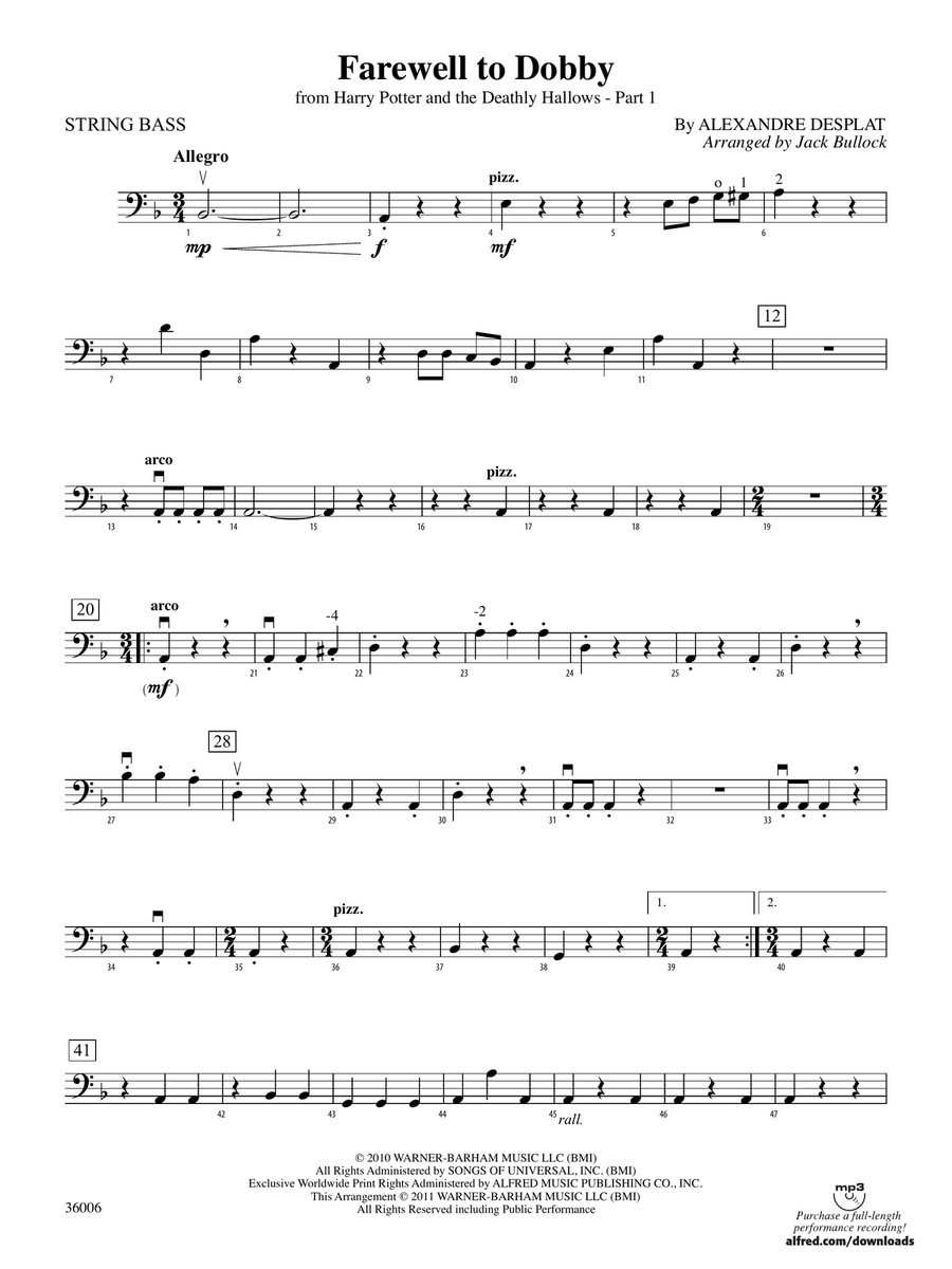 Farewell to Dobby (from Harry Potter and the Deathly Hallows, Part 1): String Bass