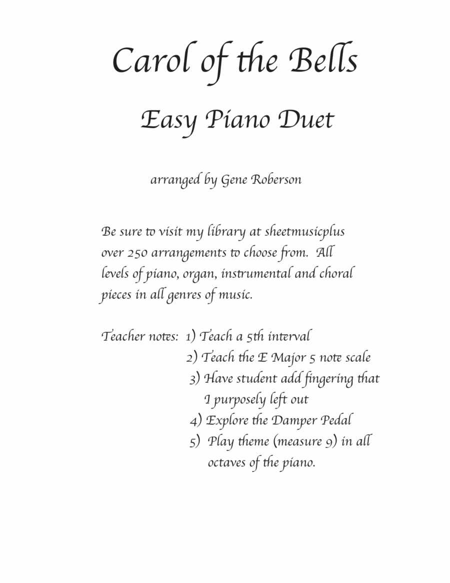 Book cover for Carol of the Bells Easy Piano Duet 4 hands