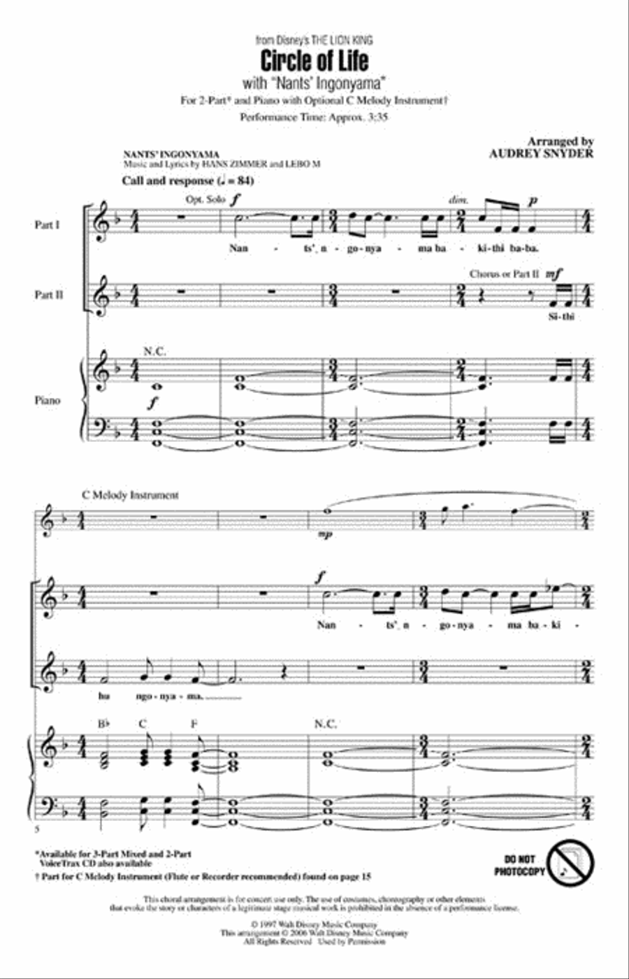 Circle of Life (with Nants' Ingonyama) 2-Part scores gallery preview page 2