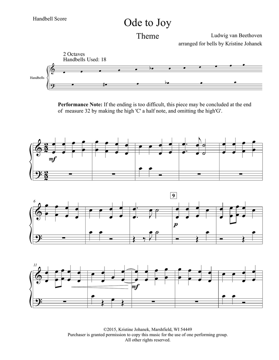 Beethoven for Bells (Ode to Joy & Russian Folksong) (2 Octave Handbell, Hand Chimes or Tone Chimes) 2-Octaves scores gallery preview page 2