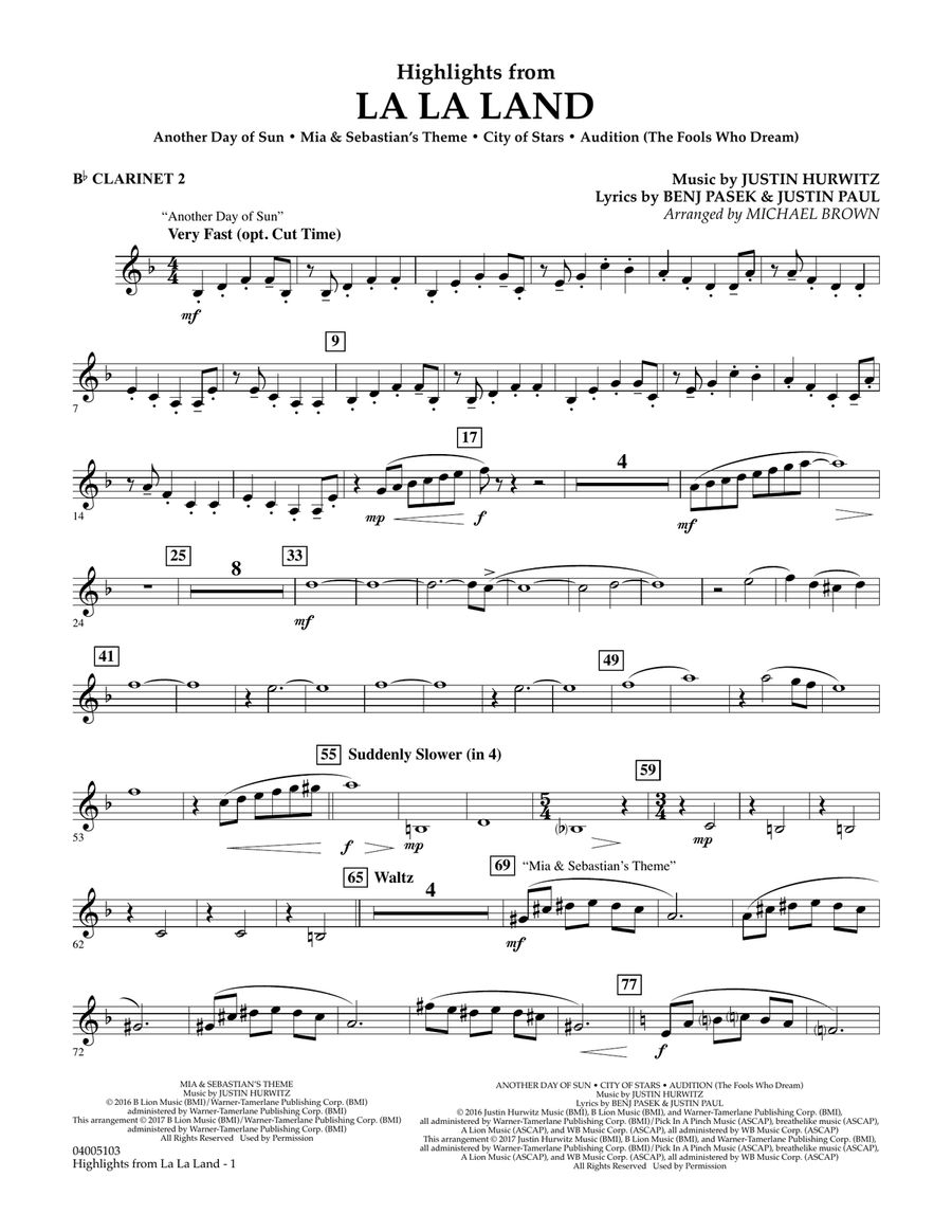 Highlights from La La Land - Bb Clarinet 2 Concert Band scores gallery preview page 1