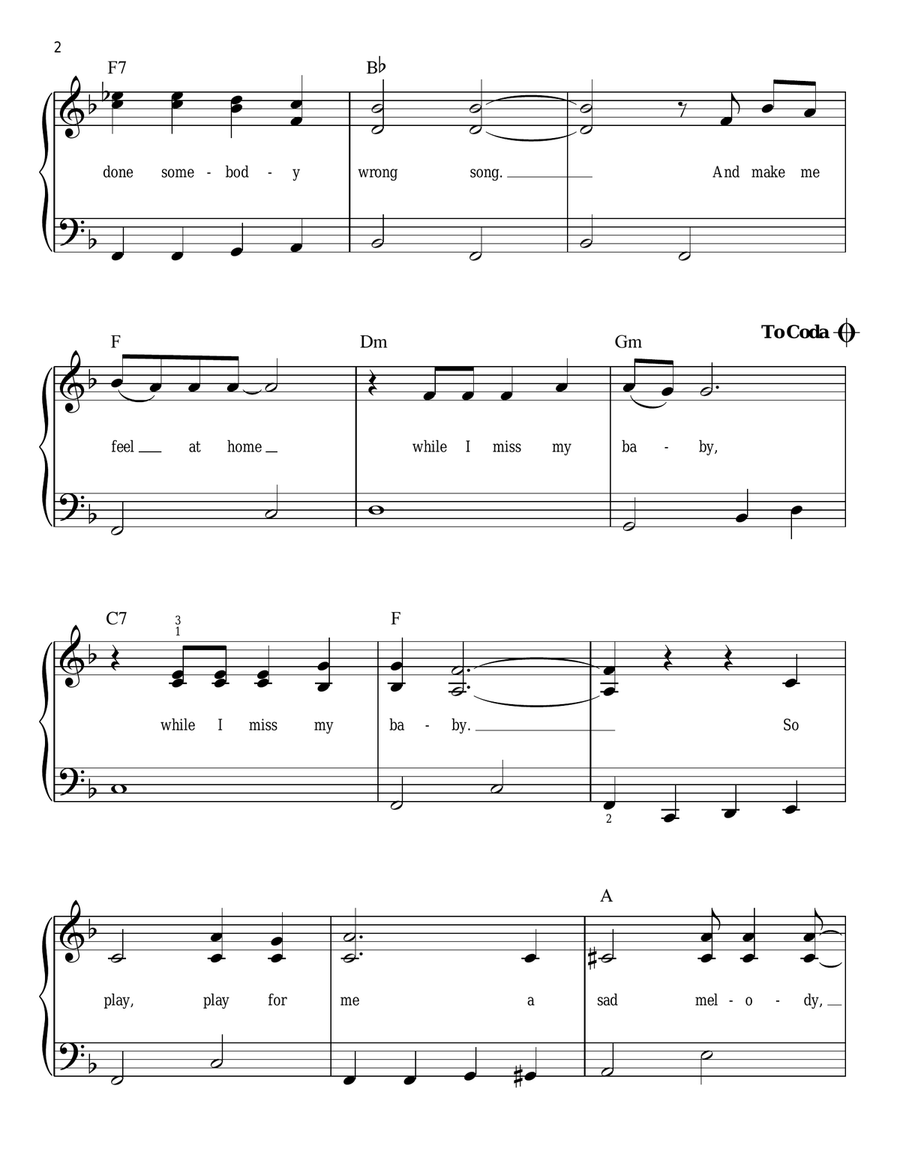 (Hey, Won't You Play) Another Somebody Done Somebody Wrong Song Easy Piano scores gallery preview page 2