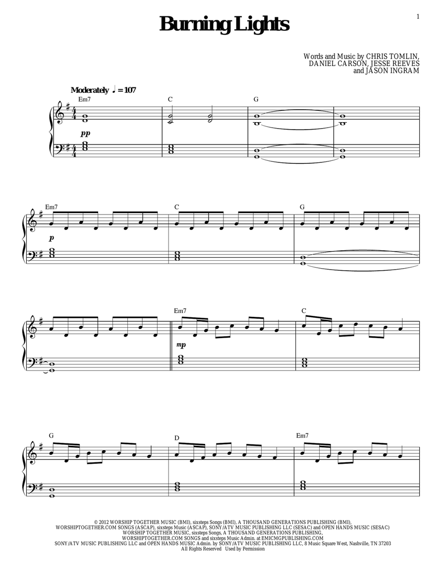 Burning Lights Piano, Vocal, Guitar scores gallery preview page 1