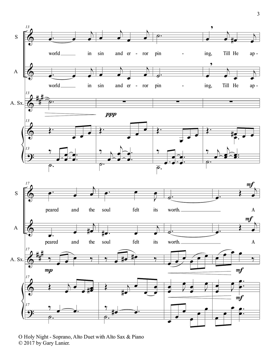 O HOLY NIGHT (Soprano, Alto Vocal Duet with Alto Sax & Piano - Score & Parts included) Small Ensemble scores gallery preview page 4