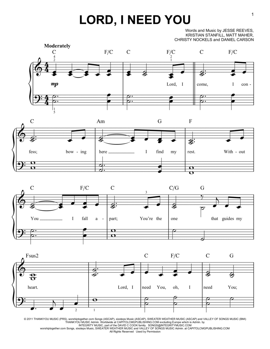 Lord, I Need You Lord, I Need You Easy Piano scores gallery preview page 1
