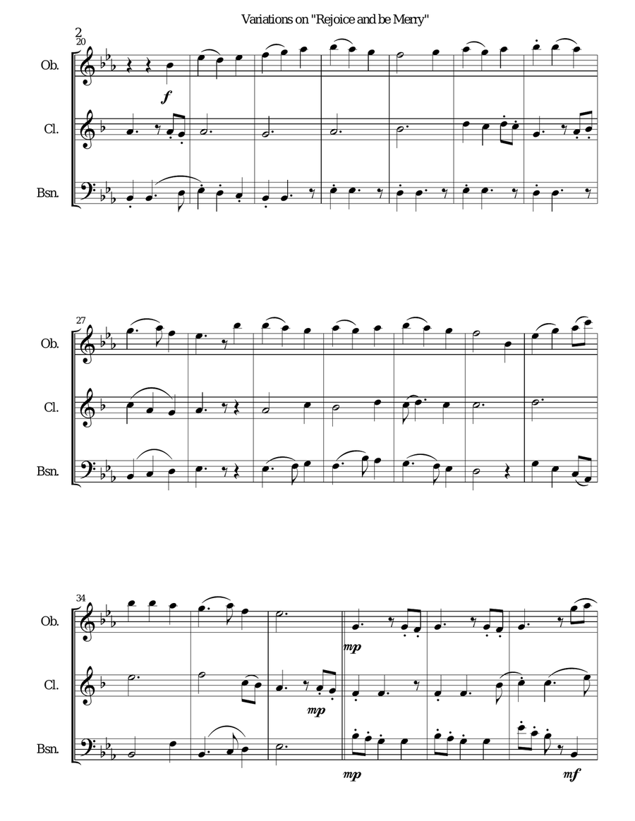 Variations on Rejoice and Be Merry (The Gallery Carol) for reed trio (oboe, clarinet, bassoon) Woodwind Trio scores gallery preview page 2