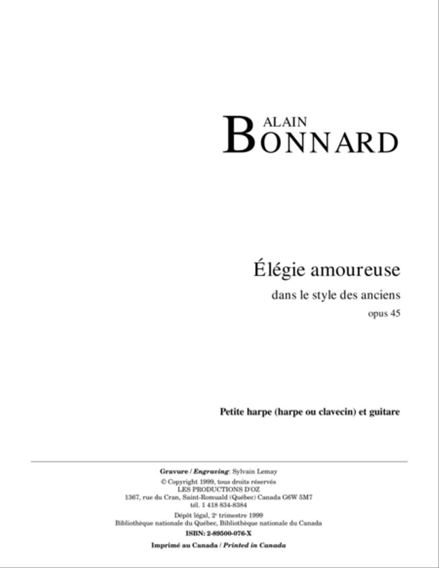 Élégie amoureuse dans le style des anciens, opus 45 Harp scores gallery preview page 1