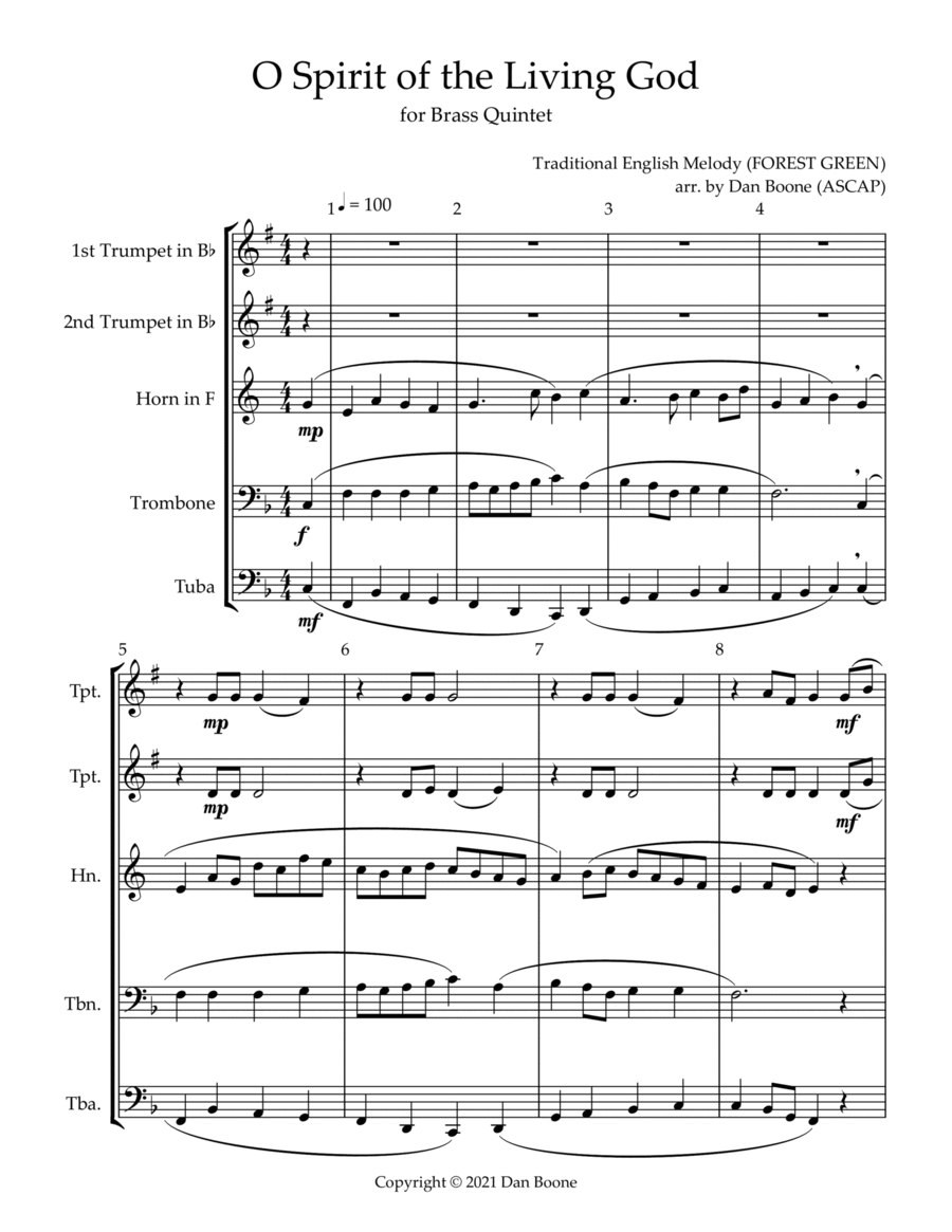 O Spirit of the Living God for Brass Quintet Brass Quintet scores gallery preview page 1