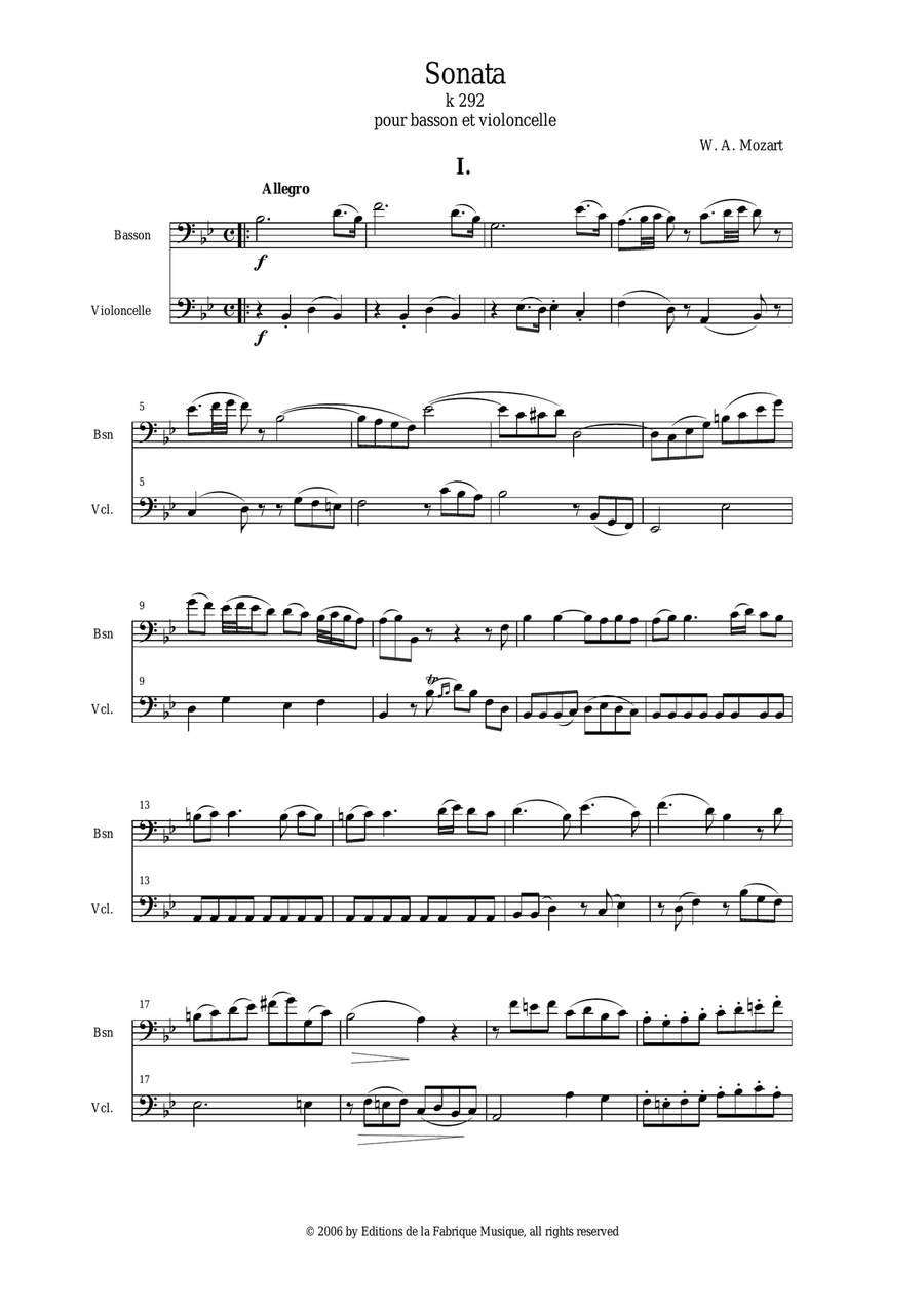 Wolfgang Amadeus Mozart: Sonata in Bb K. 292 for bassoon and cello Bassoon scores gallery preview page 2