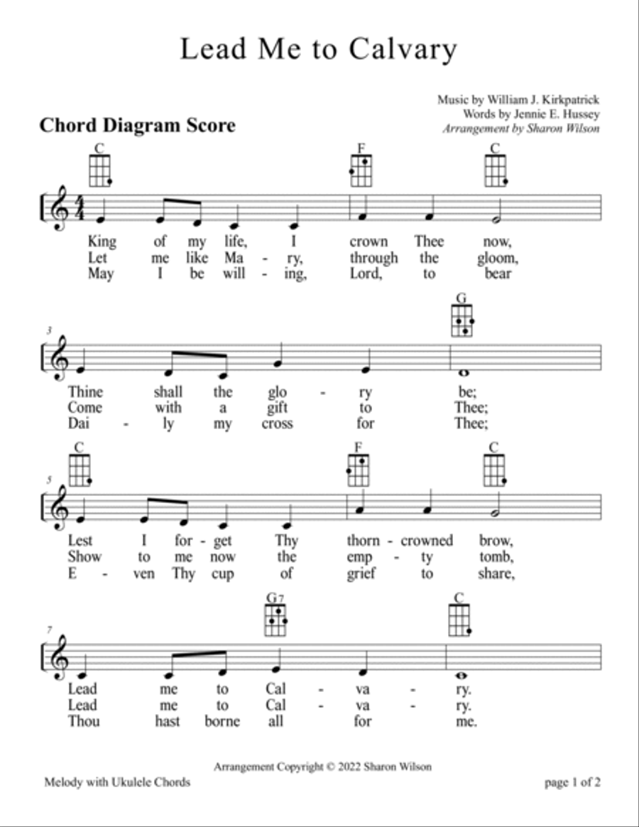 Lead Me to Calvary for Ukulele (Chords, TAB, Melody, and Lyrics, optional Piano Accompaniment) High Voice scores gallery preview page 5