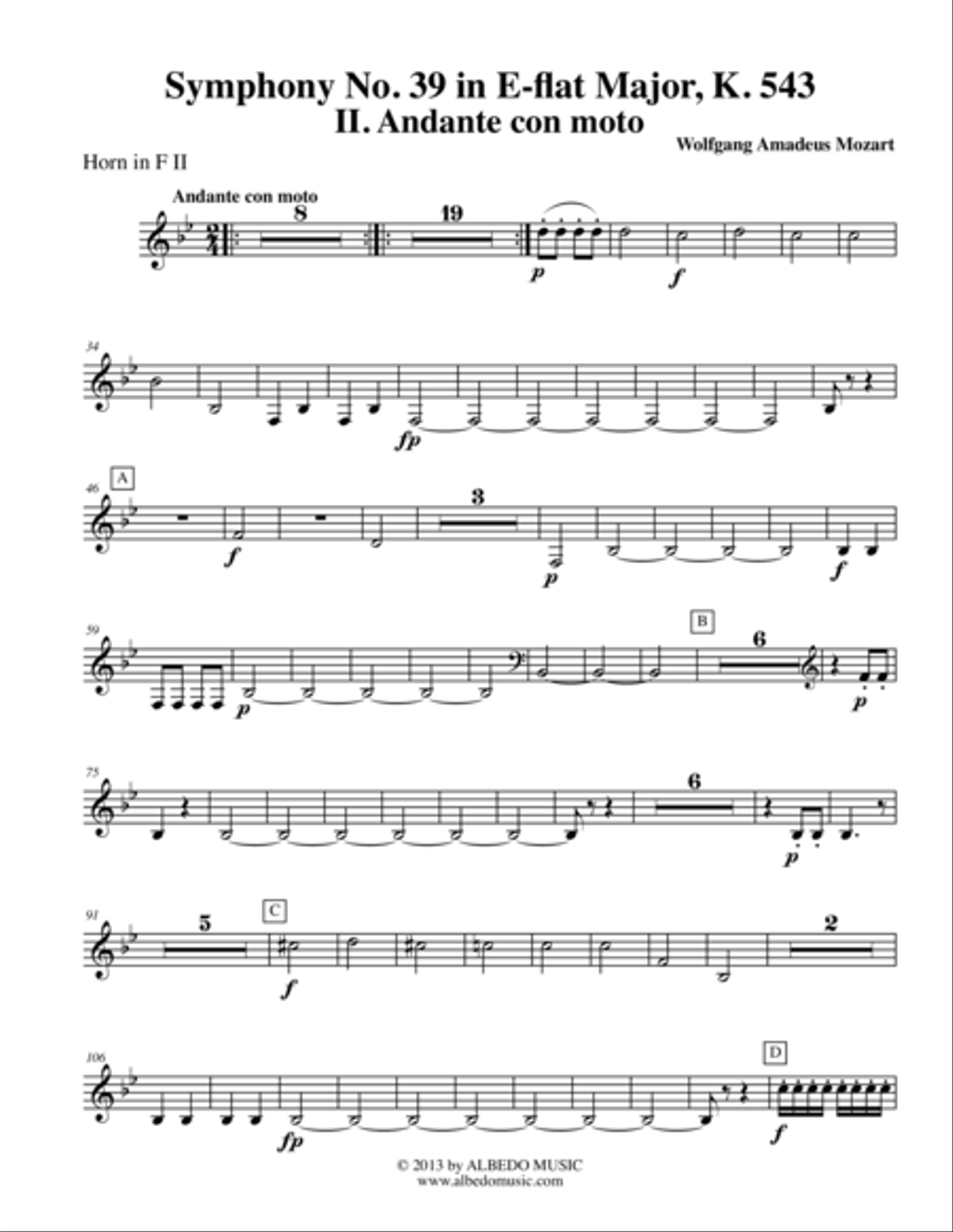 Mozart Symphony No. 39, Movement II - Horn in F 2 (Transposed Part), K. 543 Horn Solo scores gallery preview page 1