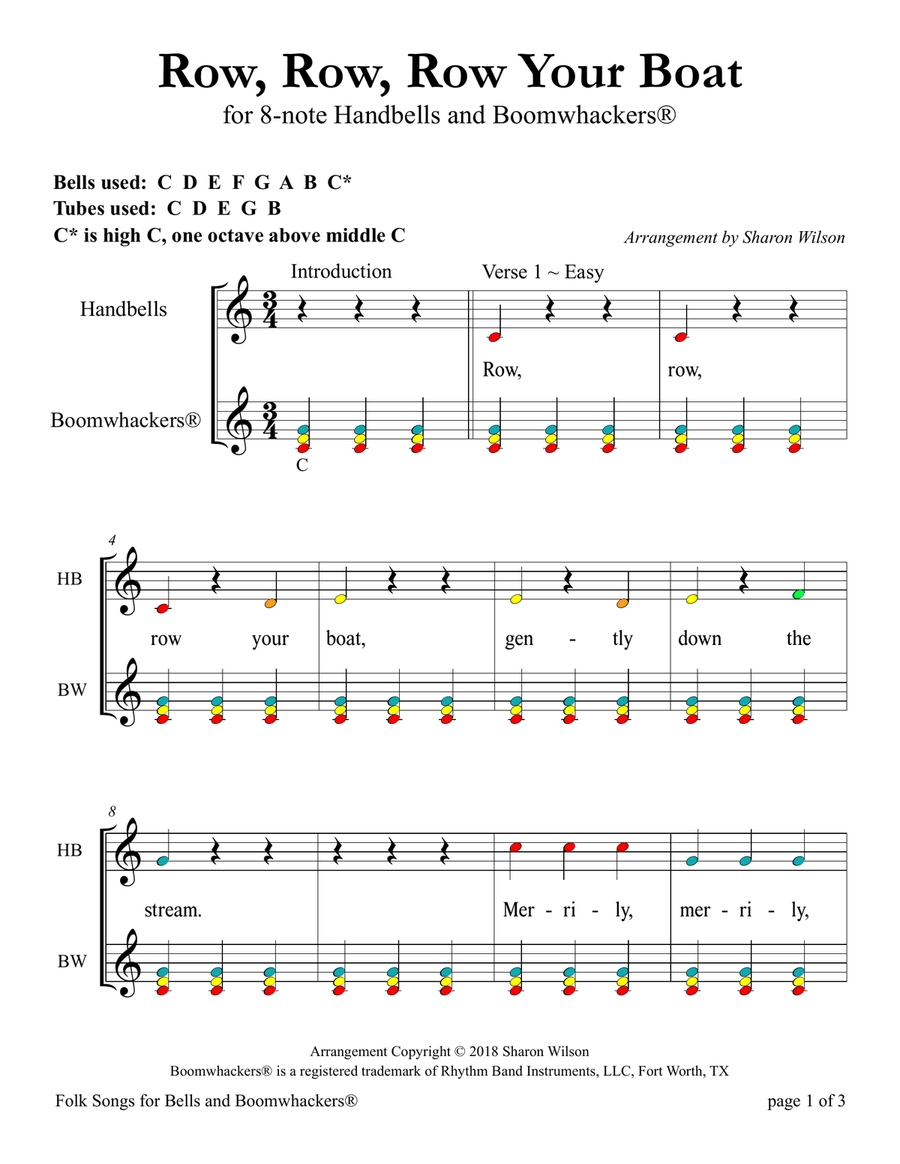 Row, Row, Row Your Boat (for 8-note Bells and Boomwhackers with Color Coded Notes) Handbell Choir scores gallery preview page 5
