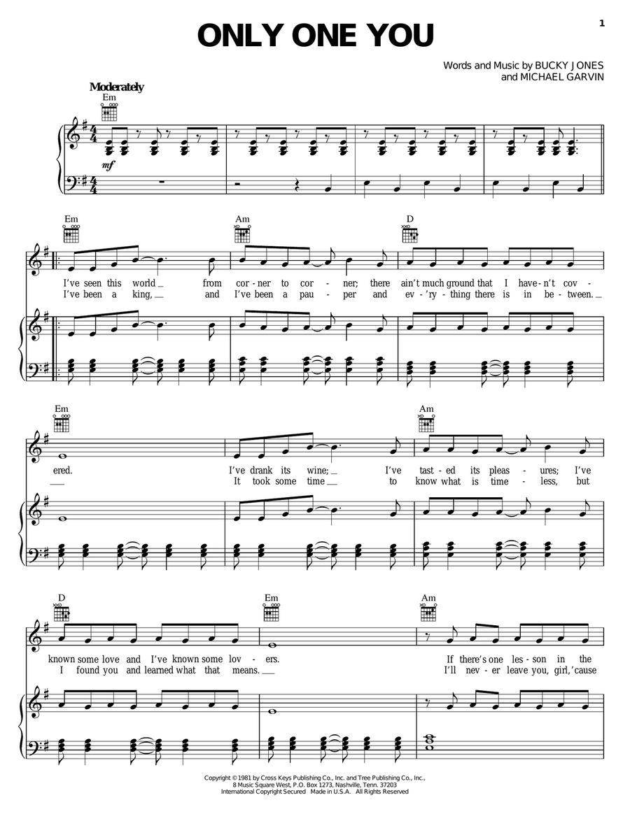 Only One You Piano, Vocal, Guitar scores gallery preview page 1