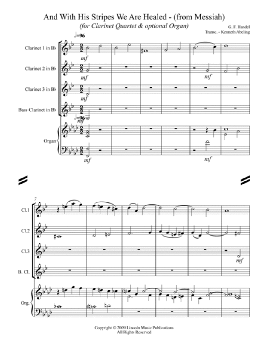 Handel - And With His Stripes We Are Healed (from Messiah) (for Clarinet Quartet & optional Organ) Clarinet Quartet scores gallery preview page 2