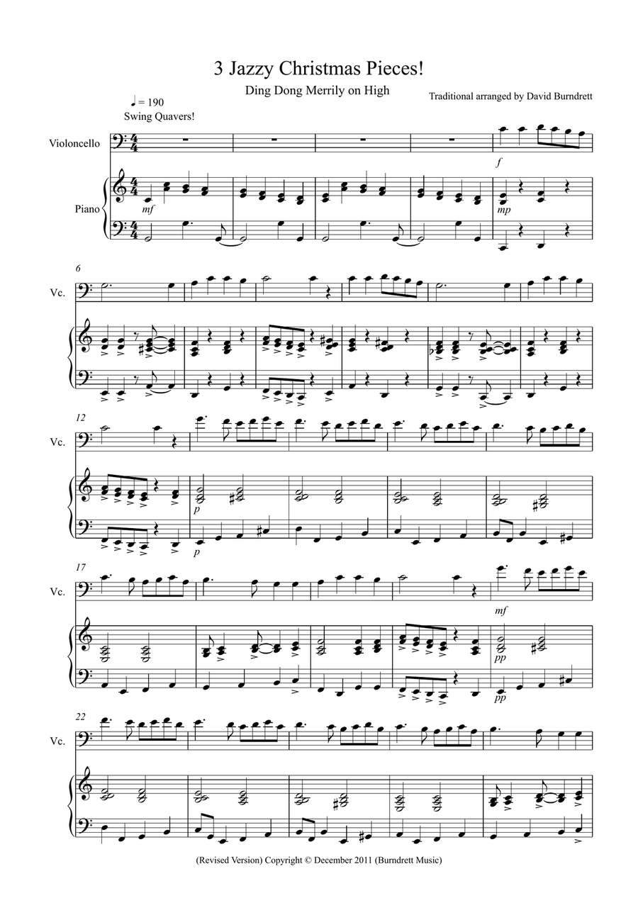 3 Jazzy Christmas Pieces for Cello and Piano Piano Accompaniment scores gallery preview page 1