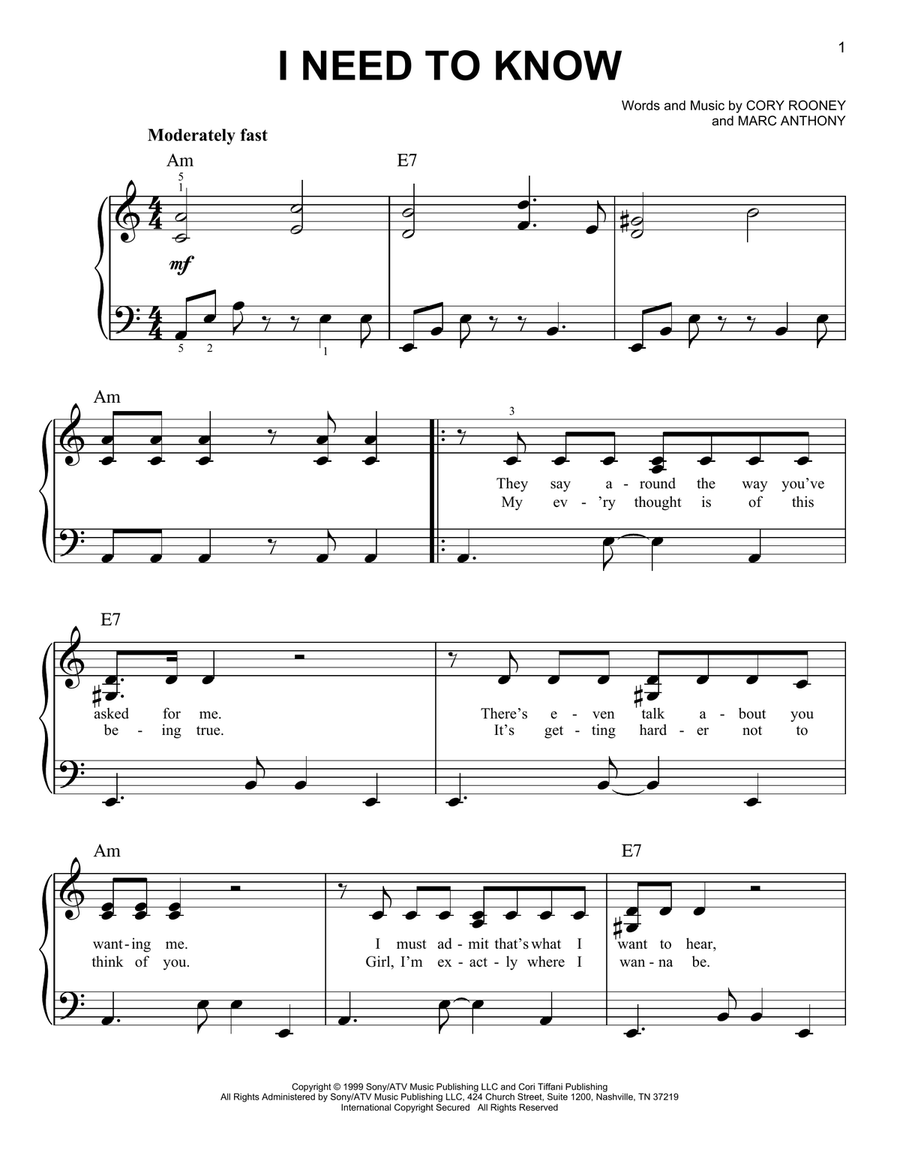 I Need To Know Easy Piano scores gallery preview page 1