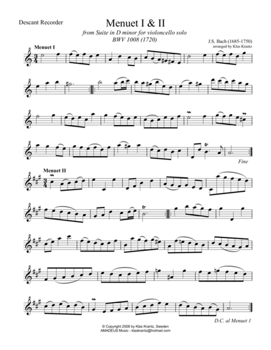 Menuet from suite No. 2 BWV 1008 for descant recorder solo