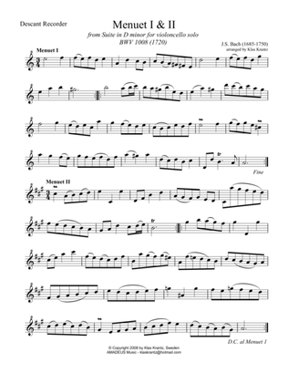 Menuet from suite No. 2 BWV 1008 for descant recorder solo