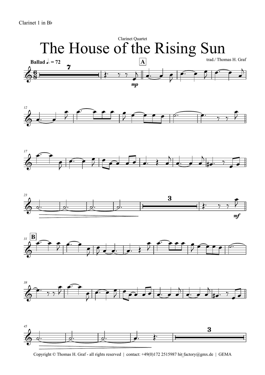 The house of the rising sun - Clarinet Quartet Clarinet Quartet scores gallery preview page 4