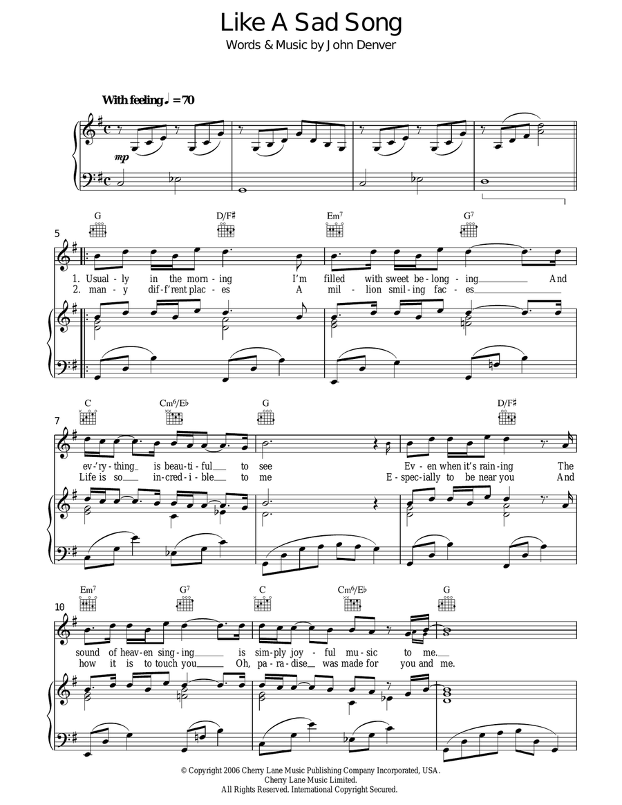 Like A Sad Song Piano, Vocal, Guitar scores gallery preview page 1