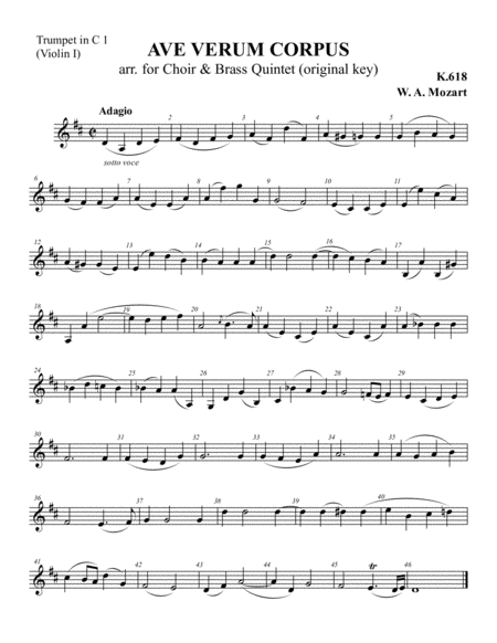 W. A. Mozart - Ave Verum Corpus, arr. for Brass quintet (original key; instrument parts only