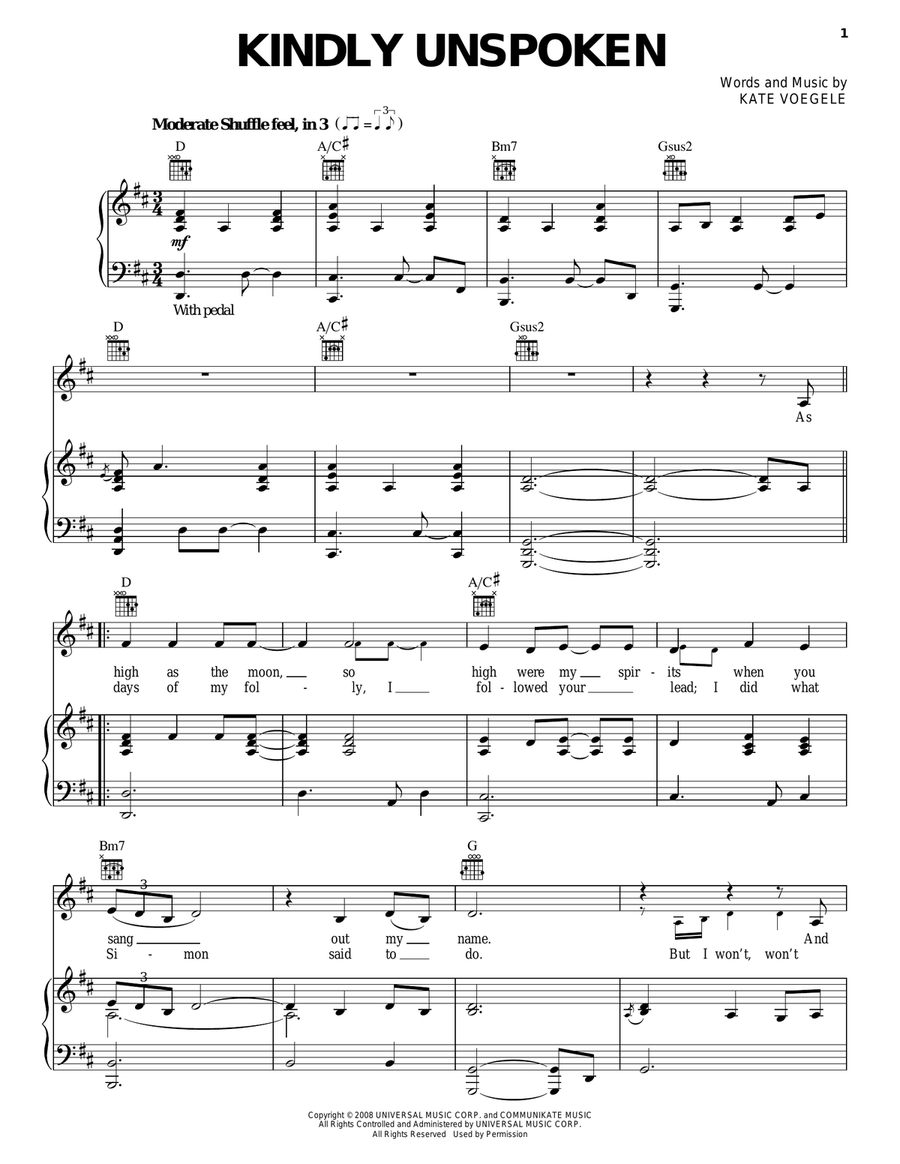 Kindly Unspoken Kindly Unspoken Piano, Vocal, Guitar scores gallery preview page 1