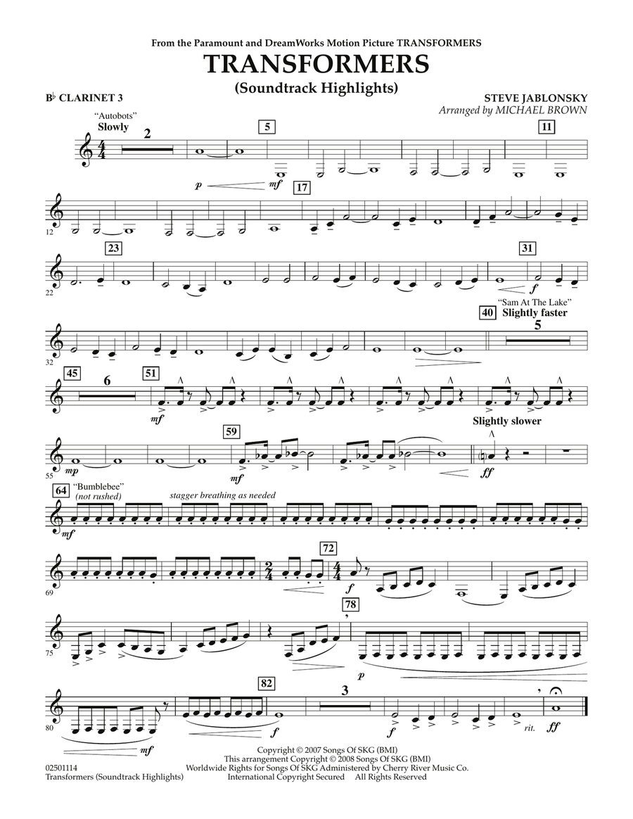 Transformers Soundtrack Highlights - Bb Clarinet 3 Concert Band scores gallery preview page 1