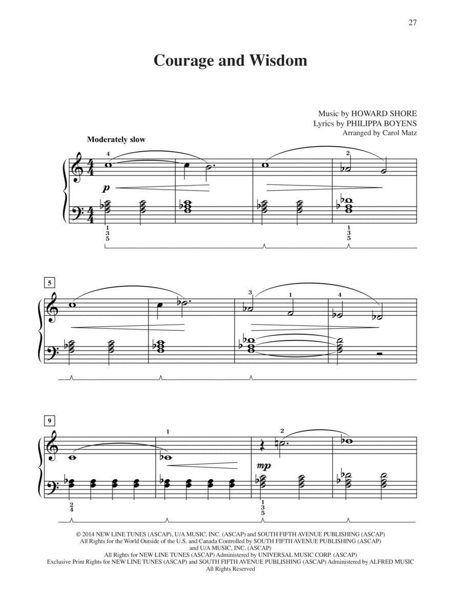 Courage And Wisdom (from The Hobbit: The Battle of the Five Armies) (arr. Carol Matz) Easy Piano scores gallery preview page 1