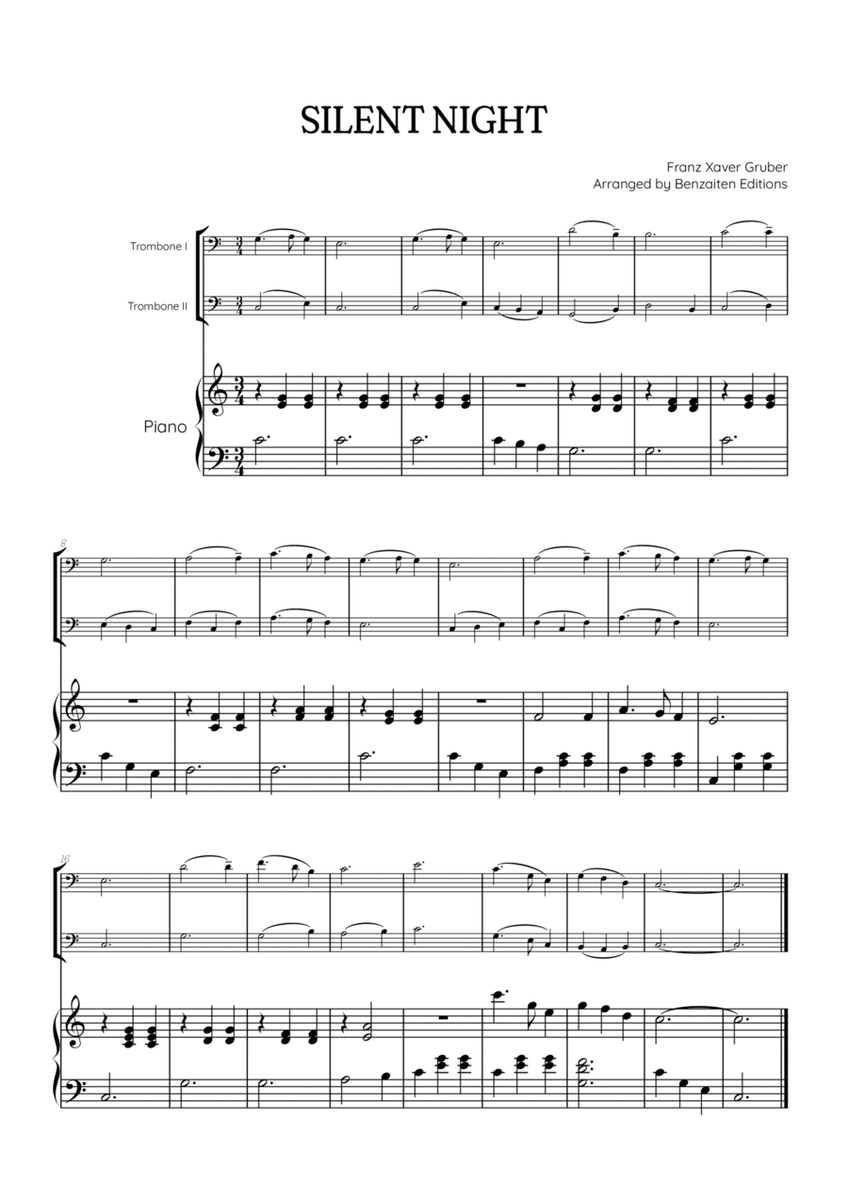 Silent Night for trombone duet with piano accompaniment • easy Christmas song sheet music image number null