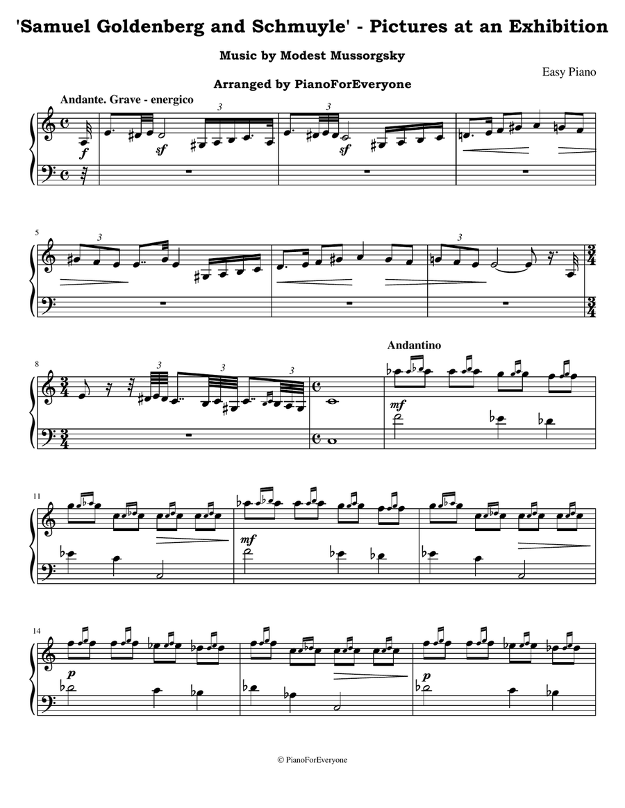 'Samuel Goldenberg and Schmuyle' from Pictures at an Exhibition - Mussorgsky (Easy Piano) Easy Piano scores gallery preview page 1