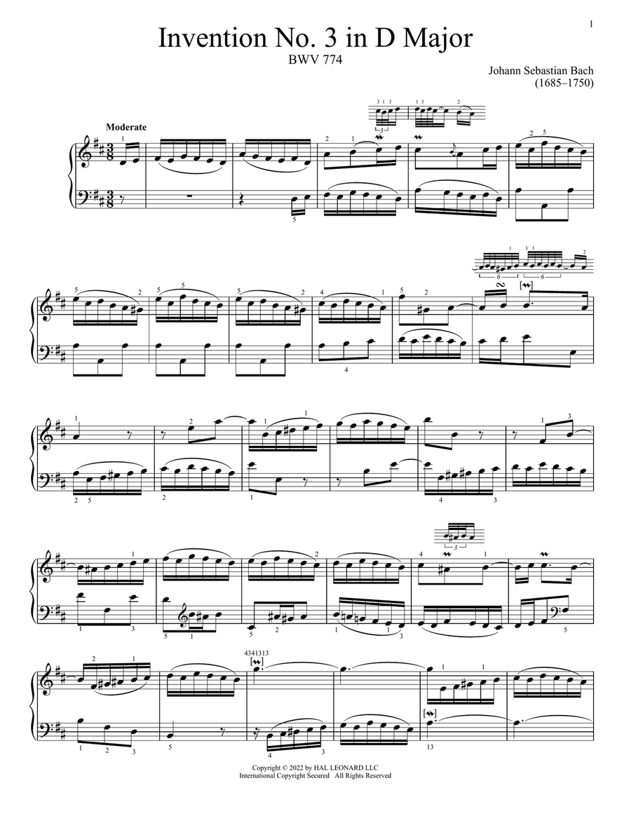 Invention No. 3 In D Major, BWV 774 Piano Solo scores gallery preview page 1
