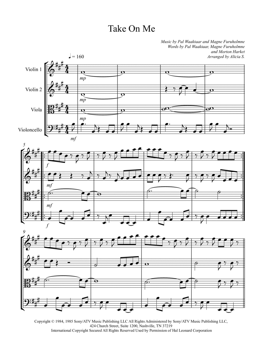 Take On Me String Quartet scores gallery preview page 1