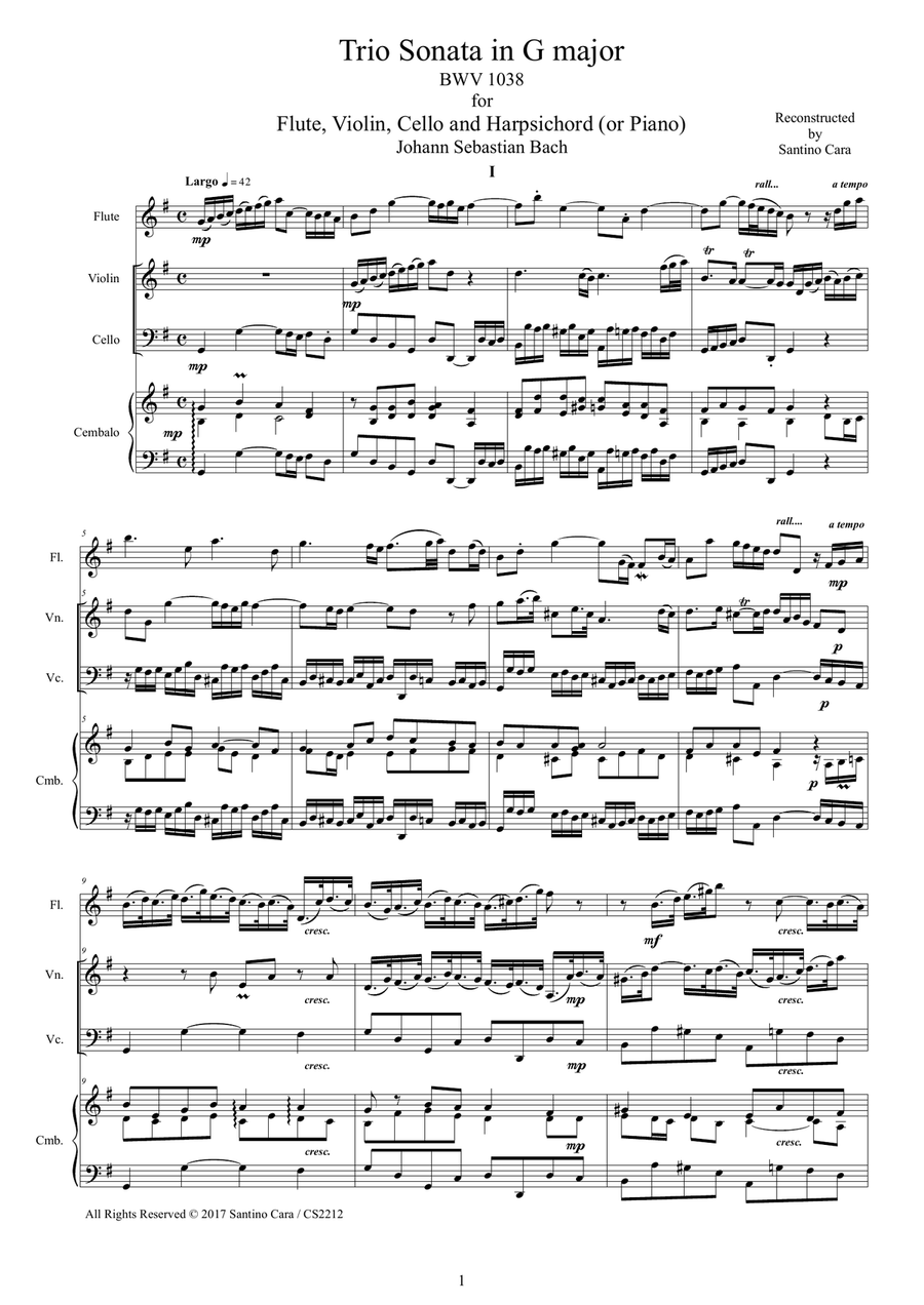 Bach - Trio Sonata in G major BWV 1038 for Flute, Violin, Cello and Harpsichord (or Piano) Small Ensemble scores gallery preview page 1