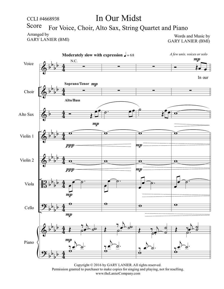 Gary Lanier: IN OUR MIDST (Worship - For Voice, Choir, Alto Sax, String Quartet and Piano with Parts Choir scores gallery preview page 2