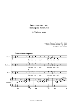 Nessun dorma, for TBB and piano, F major