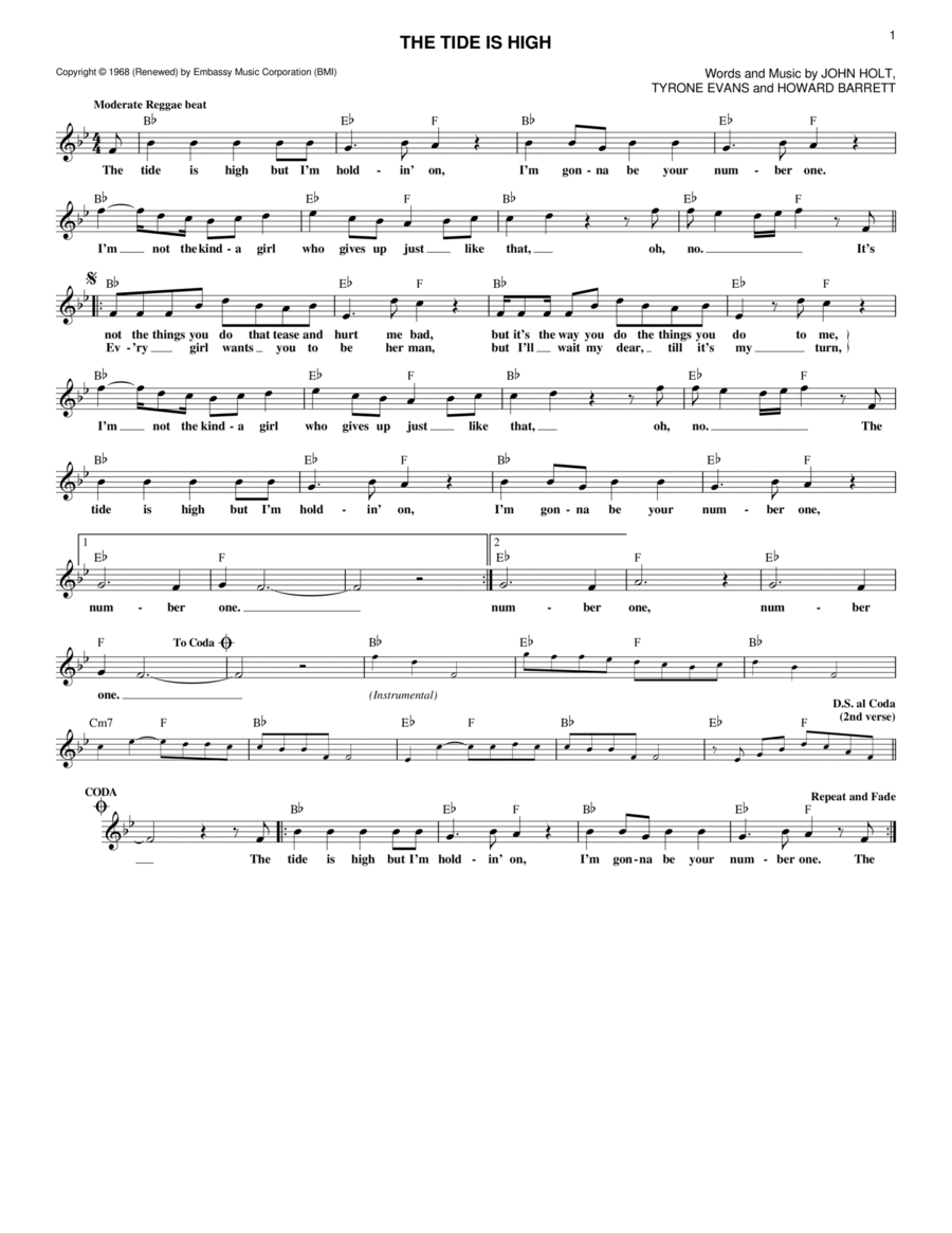 The Tide Is High Piano scores gallery preview page 1