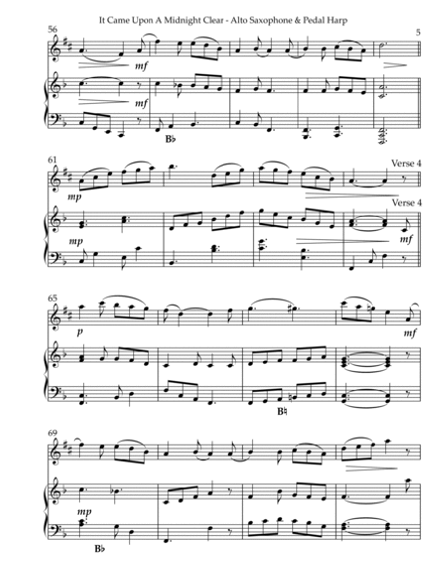 It Came Upon A Midnight Clear, Duet for Eb Alto Saxophone & Pedal Harp Alto Saxophone scores gallery preview page 5