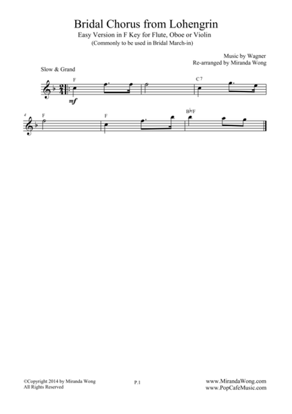 Bridal Chorus (Bridal March) - Easy Version for Flute, Oboe or Violin Solo image number null