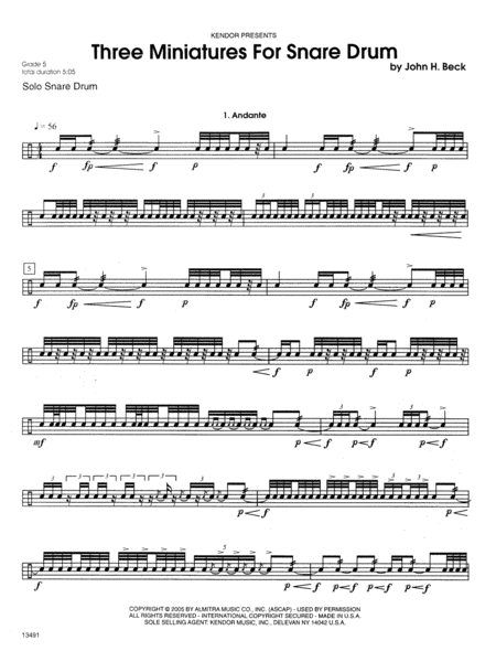 Three Miniatures For Snare Drum by John H. Beck Percussion - Sheet Music