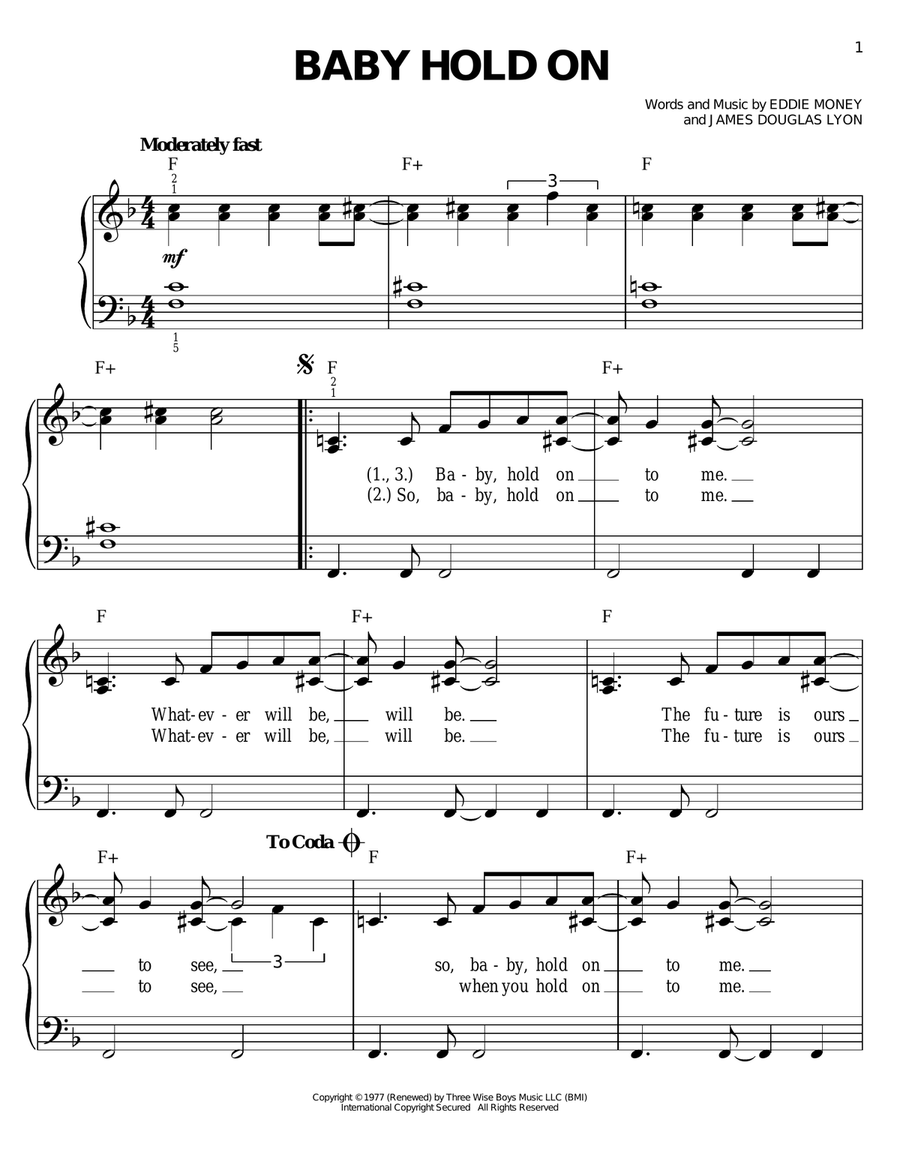 Baby Hold On Easy Piano scores gallery preview page 1