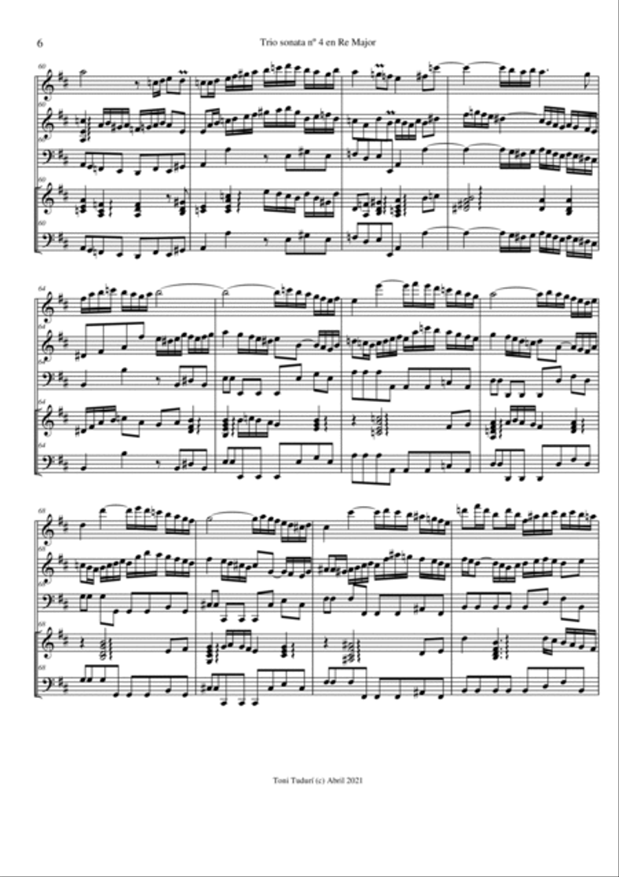 Trio sonata nº4 in D Major for flute, violin & cello or 2 violins & cello and basso continuo (SCORE Small Ensemble scores gallery preview page 6