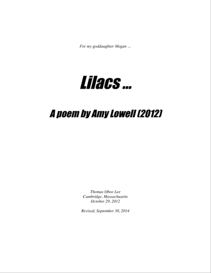 Lilacs ... A Poem by Amy Lowell (2012, rev. 2016) for soprano and piano Soprano Voice scores gallery preview page 1