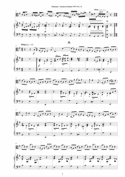 Telemann - Sonata in E minor TWV 41-e5 for Viola da Gamba and Piano image number null