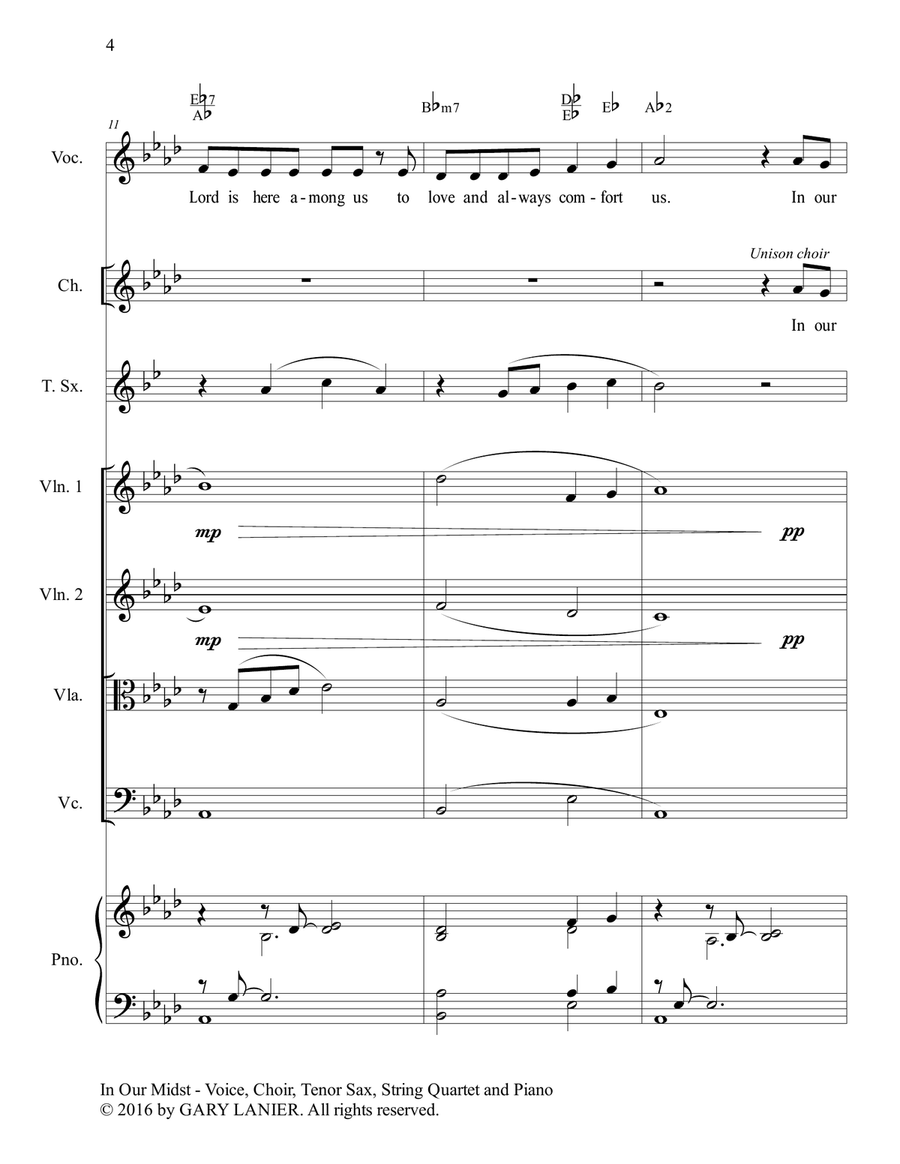 Gary Lanier: IN OUR MIDST (Worship - For Voice, Choir, Tenor Sax, String Quartet and Piano with Part Choir scores gallery preview page 5