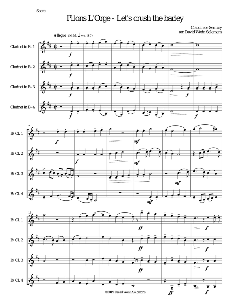 Pilons l'orge (Let's crush the barley) arranged for 4 clarinets Clarinet Quartet scores gallery preview page 1