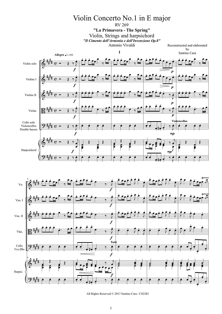 Vivaldi - Violin Concerto No.1 in E major RV 269 (Spring) Op.8 for Violin, Strings and Harpsichord Chamber Orchestra scores gallery preview page 1